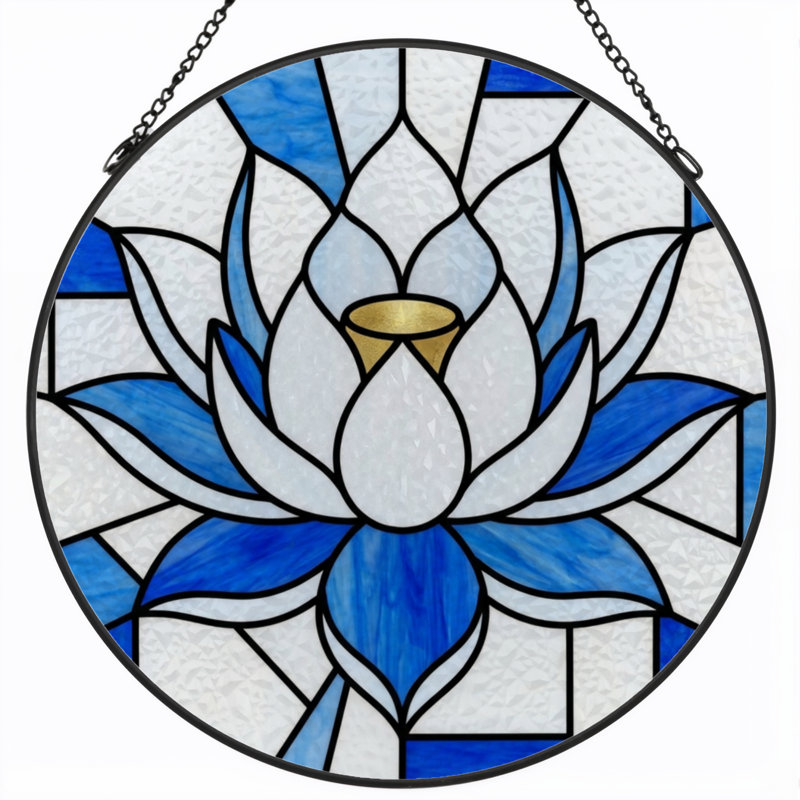 7.8"H Blue Lotus Stained Glass Window Panel, 7.8" H x 7.8" W