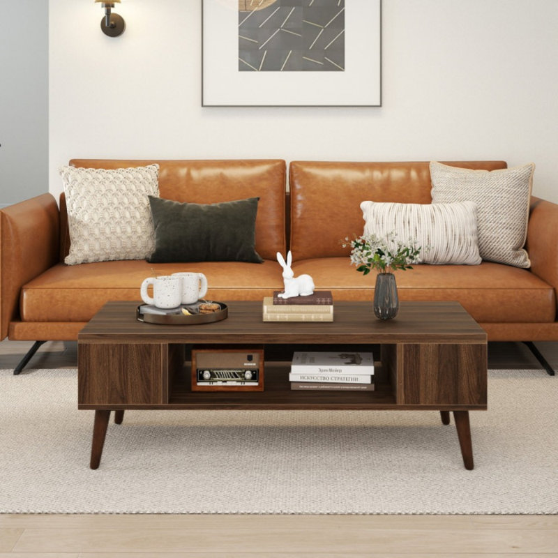 42 Inch Mid Century Modern Coffee Table Rectangular With Open Compartment