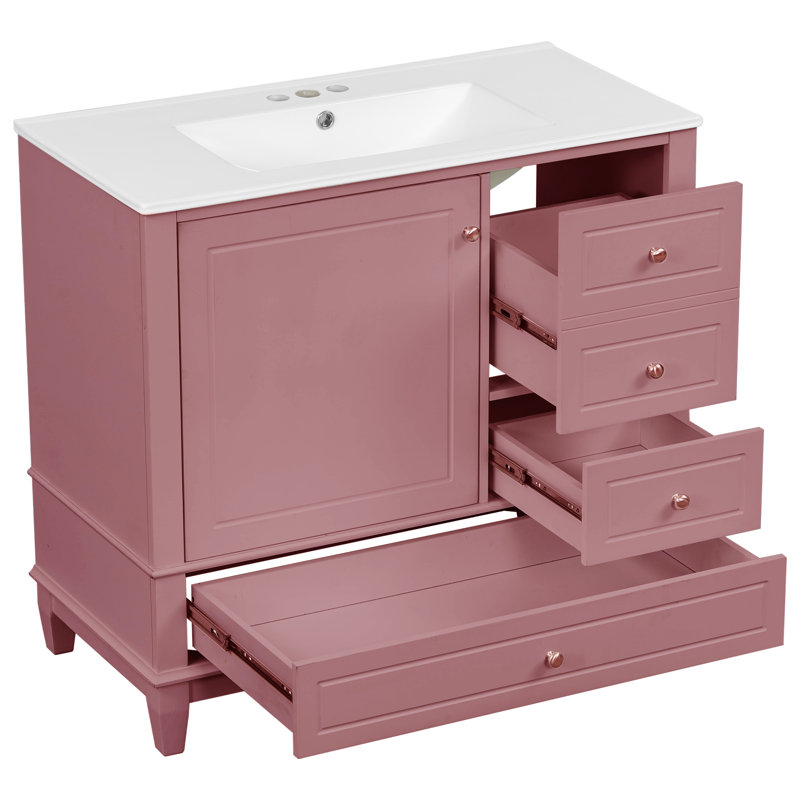 36" Modern Bathroom Vanity With Ceramic Top, Pink