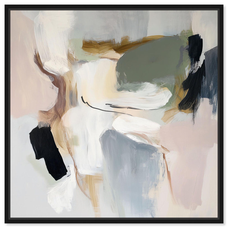 «Softened Encounters II», art abstrait neutre par Art Remedy, H 13 po x l 13 po, Cadre flottant noir