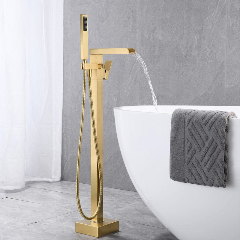 Robinet de baignoire pour salle de bain - Fixé au sol, or brossé, avec poignée levier et douchette à main polyvalente