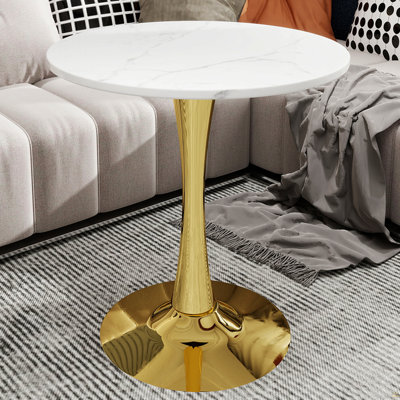 27.6-Inch Gold Coffee Table, Mid-Century Modern Style Dining Table, Accommodates 2-4 People, Featuring A Round White-Veined Marble Tabletop, Suitable For Various Settings.