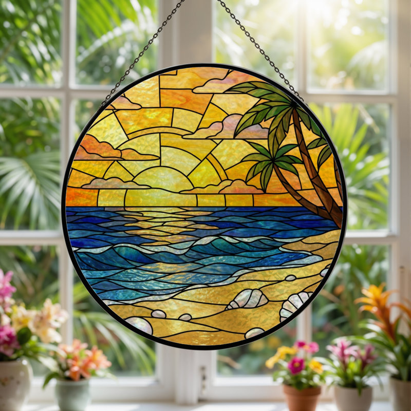 7.8"H Sunset Beach Stained Glass Window Panel, 7.8" H x 7.8" W