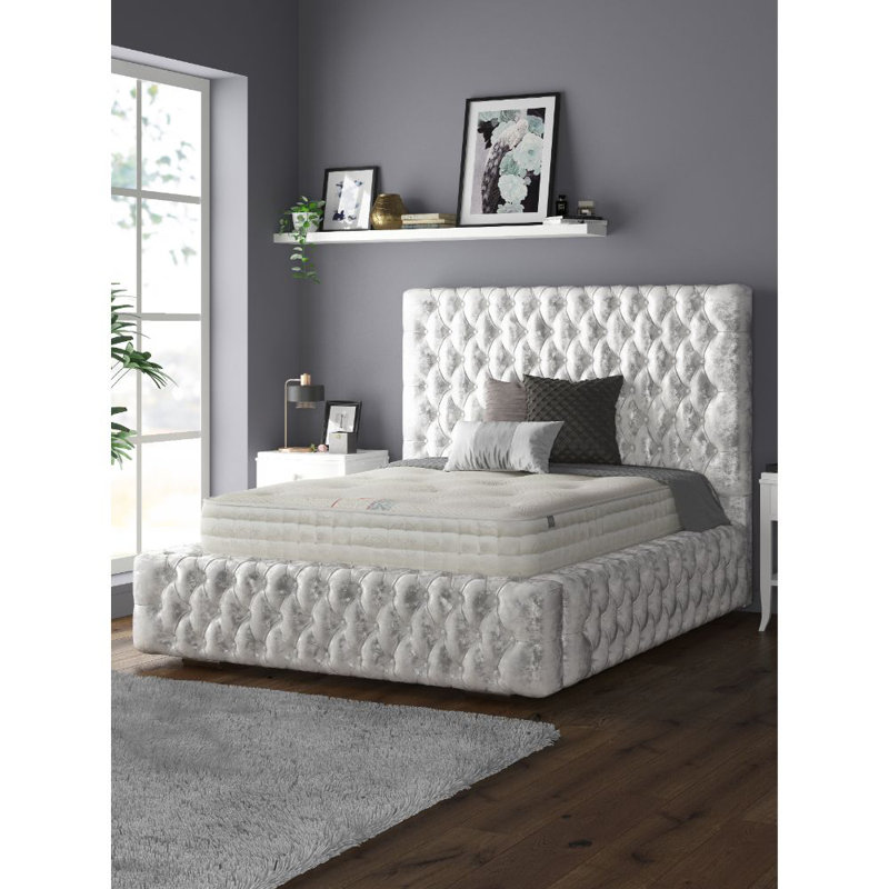 Clovis Upholstered Bed, Double (4'6), Silver Crush, Crush Velvet