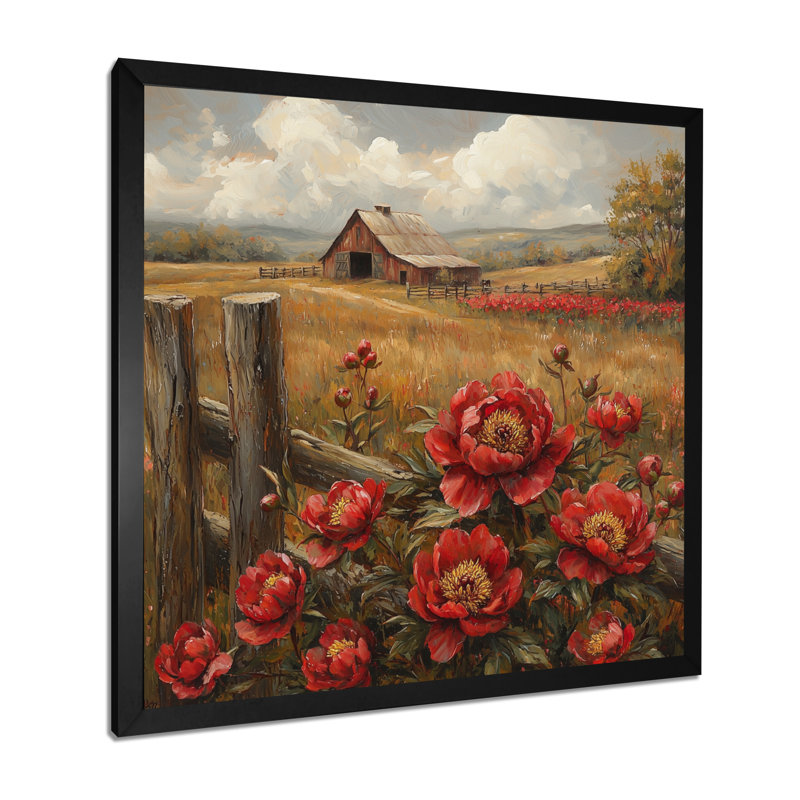Crewe, pivoines rouges rétro par The Barn I - pivoines, art mural, H 30 po x l 30 po, Picture Framed Print