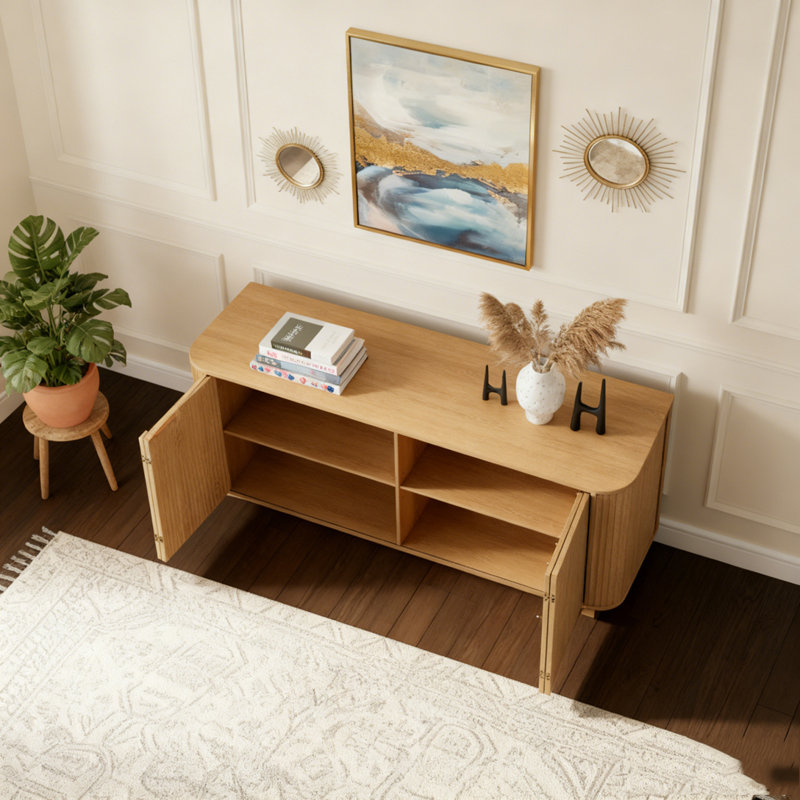 63"Wavy Storage Sideboard, Double-Door Buffet Cabinet with Adjustable Shelves, Natural