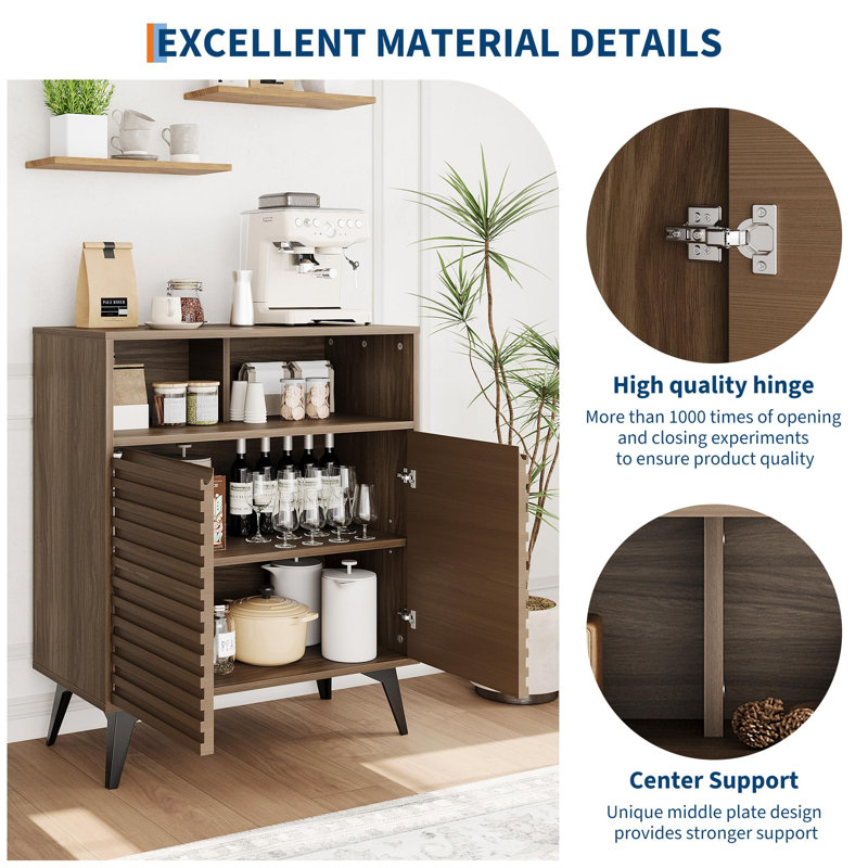 Fluted Storage Cabinet Set of 2, Sideboard Buffet Cabinet with Storage & Adjustable Shelves for Living Room, Kitchen, Walnut