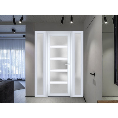 Front Exterior Prehung FiberGlass Door Frosted Glass Manux 8002 White Silk 2 Side Exterior Windows Office Commercial and Residential Doors Entrance Patio Garage-W16+36+16 x H80-Right-hand Inswing