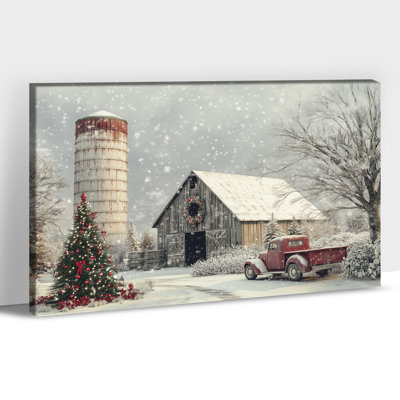 Grande grange rouge d'hiver Abiella Decor - scène de ferme rétro avec arbre de Noël, peinture et impressions de vacances, toile tendue encadrée, affiche prête à accrocher, 32 po x 48 po
