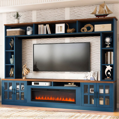 Meuble audio-vidéo l 95,5 po avec tablettes pour téléviseurs de 80 po ou moins, meuble télé moderne avec armoires pour foyer électrique et tablettes réglables pour le salon