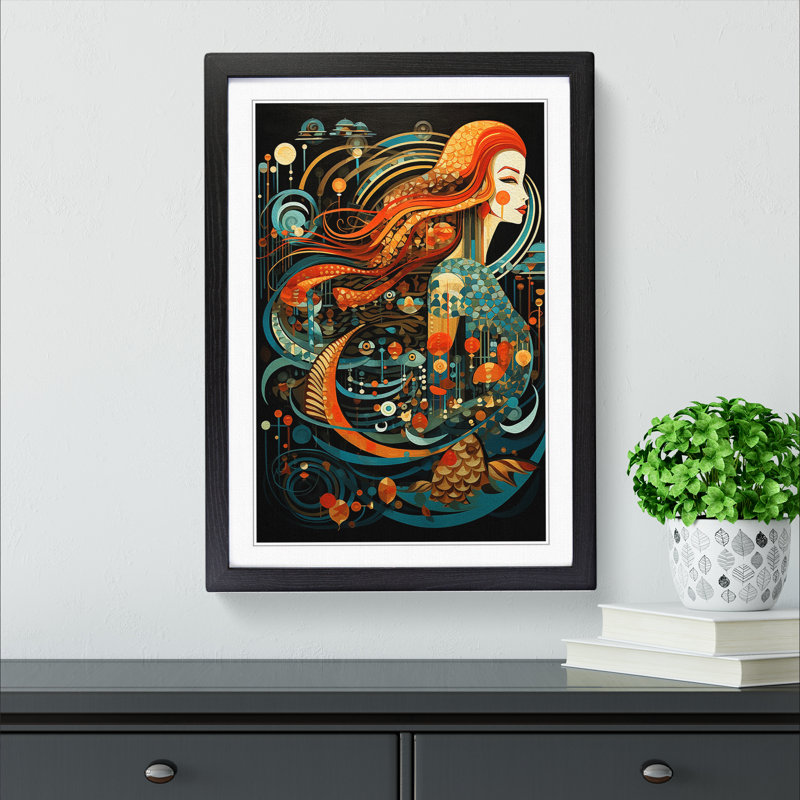 XYZ-FRM-V1223-4490 Mermaid Constructivism - Single Picture Frame Print on Wood, 46cm H x 34cm W x 2cm D, Black 