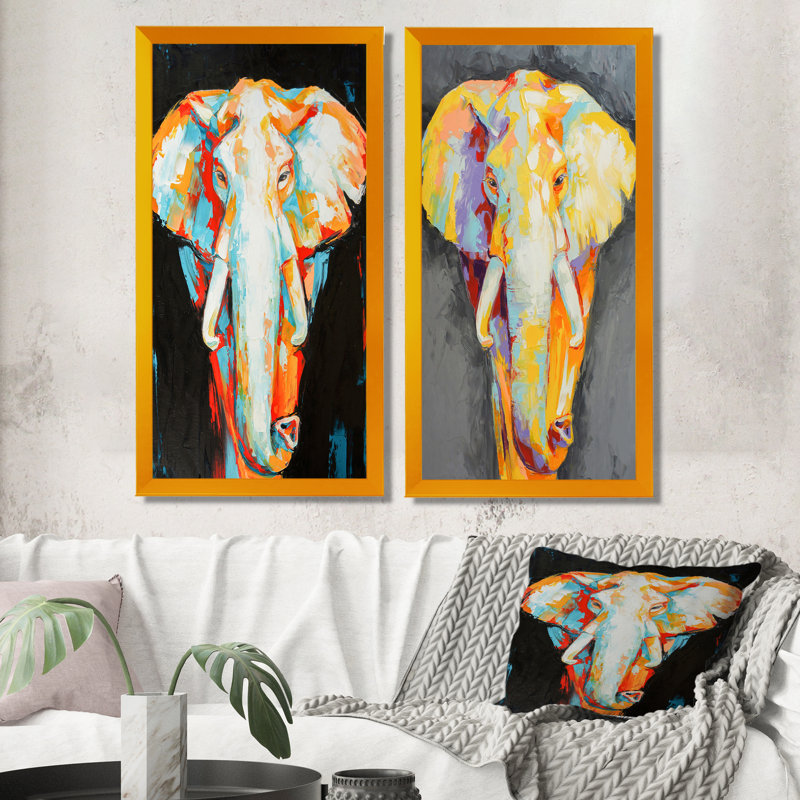 «Paint Dessin of Elephant Portrait», ensemble de 2 peintures sur toiles, H 40 po x l 40 po x P 1 po, Cadre photo doré