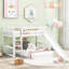 Lit simple au-dessus d'un lit superposé blanc avec glissade et montage latéral, composition en bois de pin massif, idéal pour les chambres de petite taille, éléments de conception gris, support de lattes en blanc, cadre de table réversible,