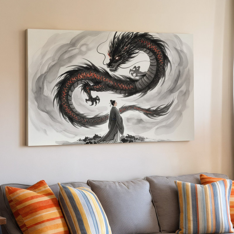 Toile, scène mystique représentant un puissant dragon noir se profilant sur un art mural, H 9 po x l 12 po