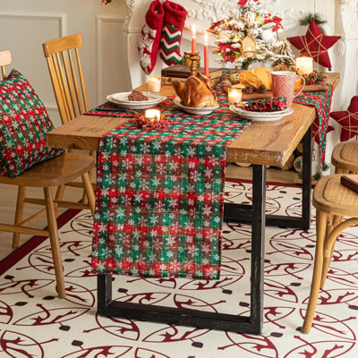 Chemin de table de Noël écossais rouge et vert, chemin de table flocon de neige des Fêtes d'hiver, 72 pouces de long, décorations de Noël, intérieur, extérieur, maison, cuisine, salle à manger, décoration de fête