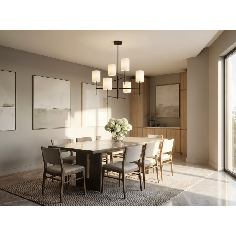 Barbara Barry Key 6 Light Dining Room Chandelier With White Linen Shade, Midnight Black