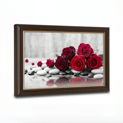 Art mural antique sur toile encadré doré pour le salon, la chambre à coucher, le bureau ou le vestibule - Décoration murale décorative avec roses rouges
