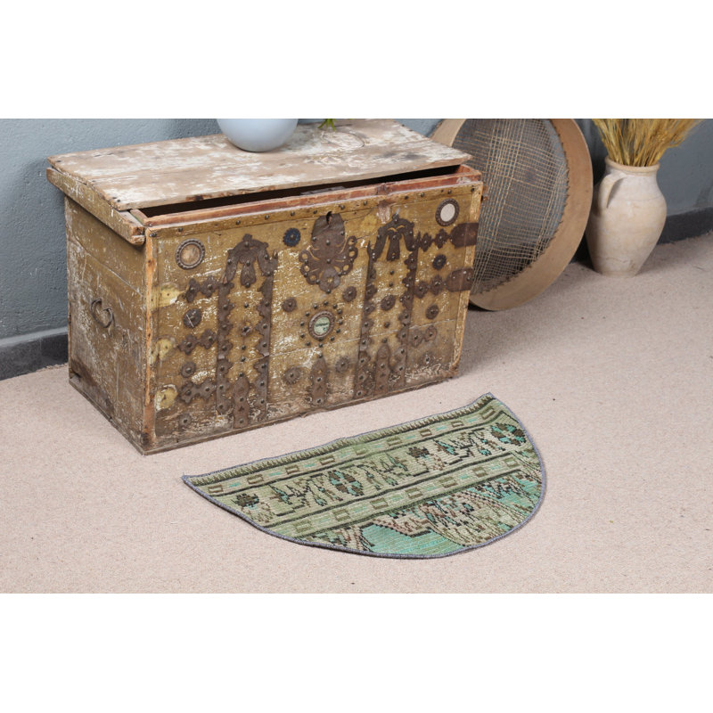 Charmant petit tapis turc vert rond vintage tissé à la main, idéal pour l'entrée et les portes avant