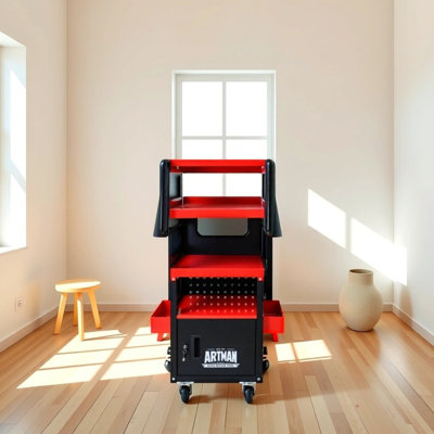 Chariot à 4 niveaux de diagnostic automatique robuste - Armoire antirouille avec roulettes pivotantes à 360 ° et verrou sécuritaire, rouge et noir
