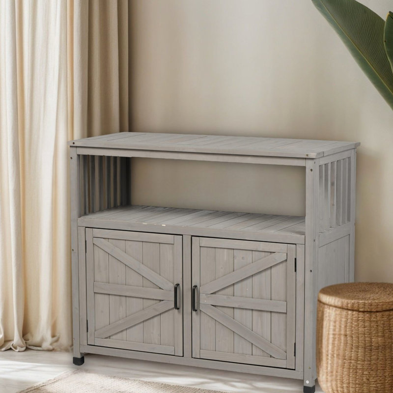 Solid Fir Wood Patio Buffet Cabinet Sideboard With Grey Outdoor Indoor Bar Table , Ideal For Tool Storage In Areas Storage, Elegant Slatted Design, Multi - Purpose And Backyard Use