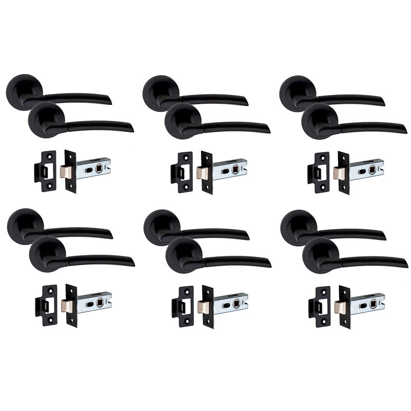  6 Pairs Indiana Design Door Handles on Round Rose in Matt Black Finish with 2.5" Tubular Latch - 52mm Diameter