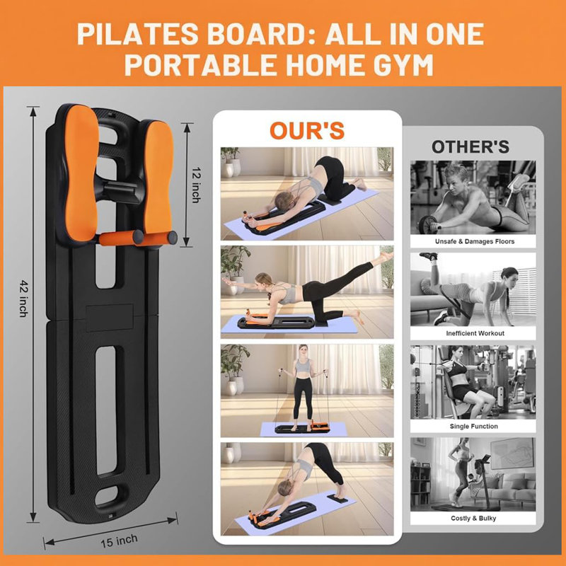 Collapsible Pilates Reformer Board with Ab Roller & Resistance Bands – Multifunctional Fitness Stepper for Full Body Home/Gym Workouts – Portable Push-Up & Balance Trainer