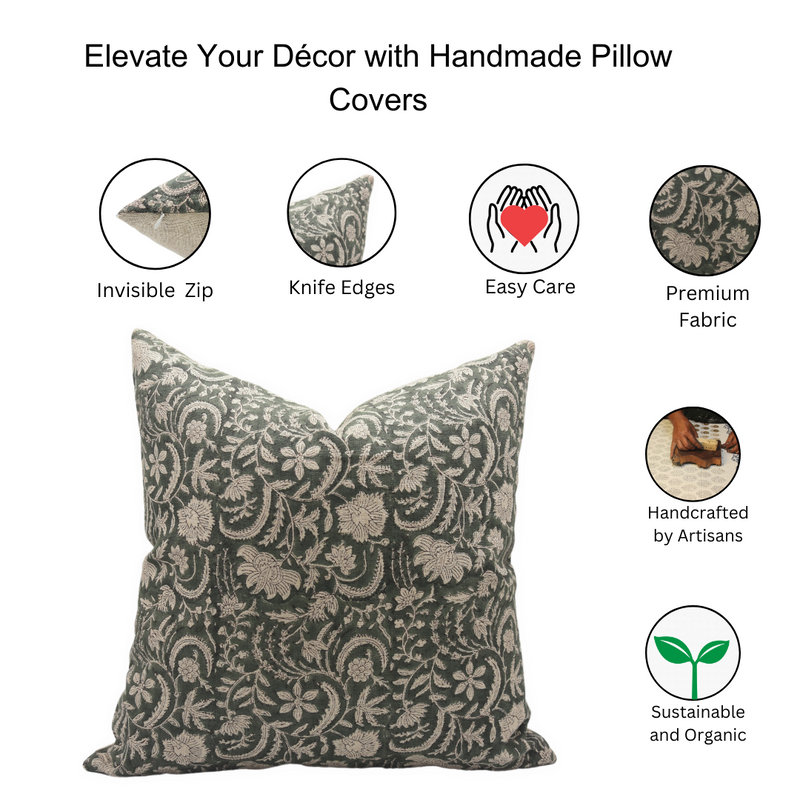 Green and Beige Floral Linen Block Print Pillow Cover 24x24
