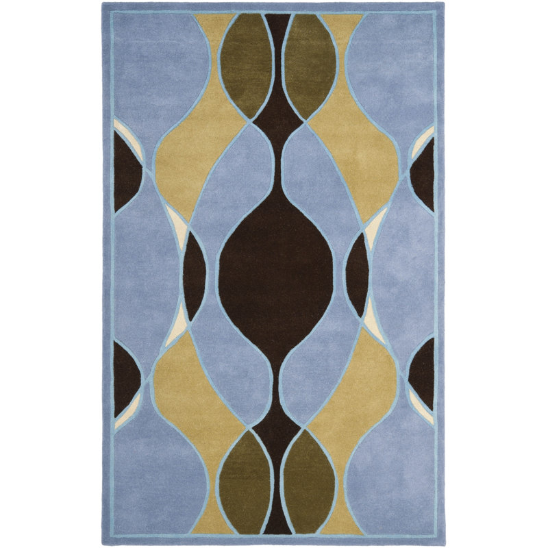 Tapis bleu foncé / brun en laine touffeté à la main Amier, Rectangle 7 pi 6 po x 9 pi 6 po