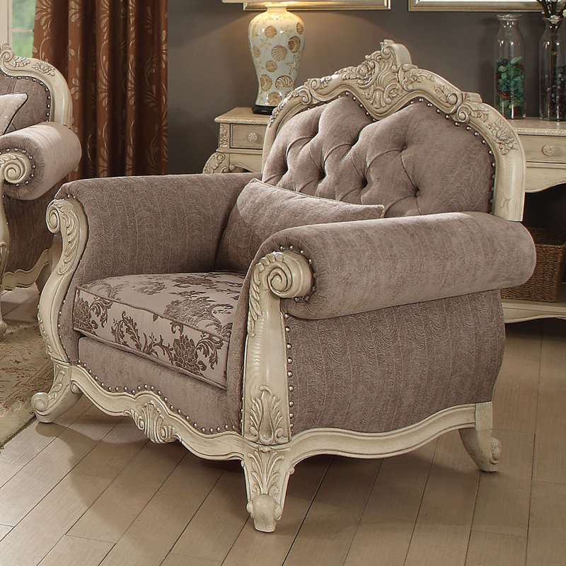 Fauteuil club touffeté 46 po Cha, Tissu gris, Marron clair