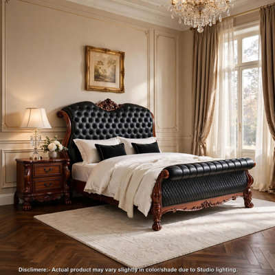 Ensemble de chambre avec grand lit 2 pièces, conception traîneau, noir et brun, table de chevet