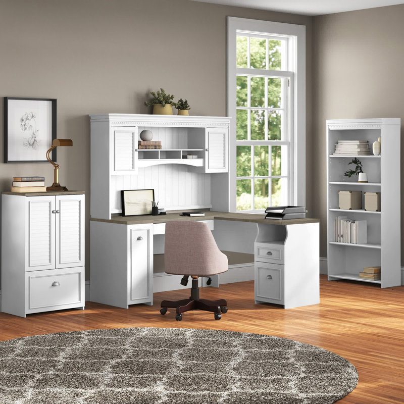 Huckins 4 Piece Computer Desk Office Set, Shiplap Gray/Pure White