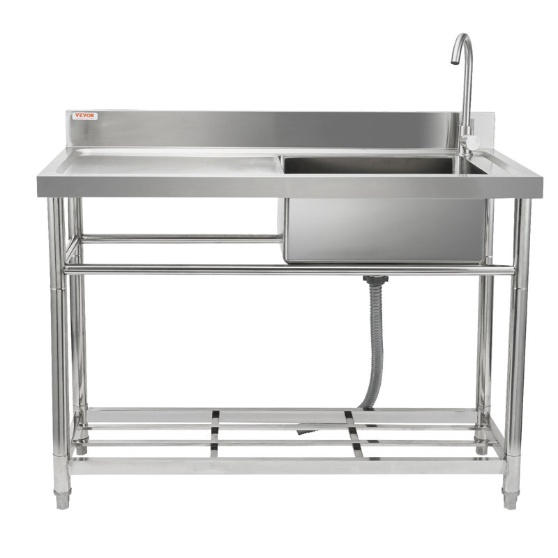 Stainless Steel Utility Sink Free Standing Single Bowl Commercial Kitchen Sink Set with Workbench