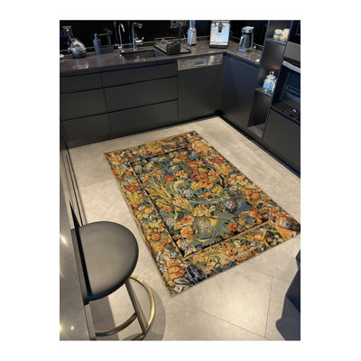 Yellow Toned Colorful Floral Pattern Decorative Woven Base Washable Rug