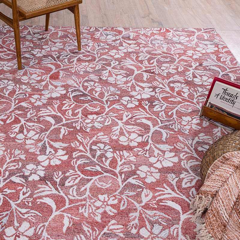 Camellia Floral Hand Tufted Polyester Indoor/Outdoor Area Rug in Coral/Ivory, Rectangle 9' x 13'