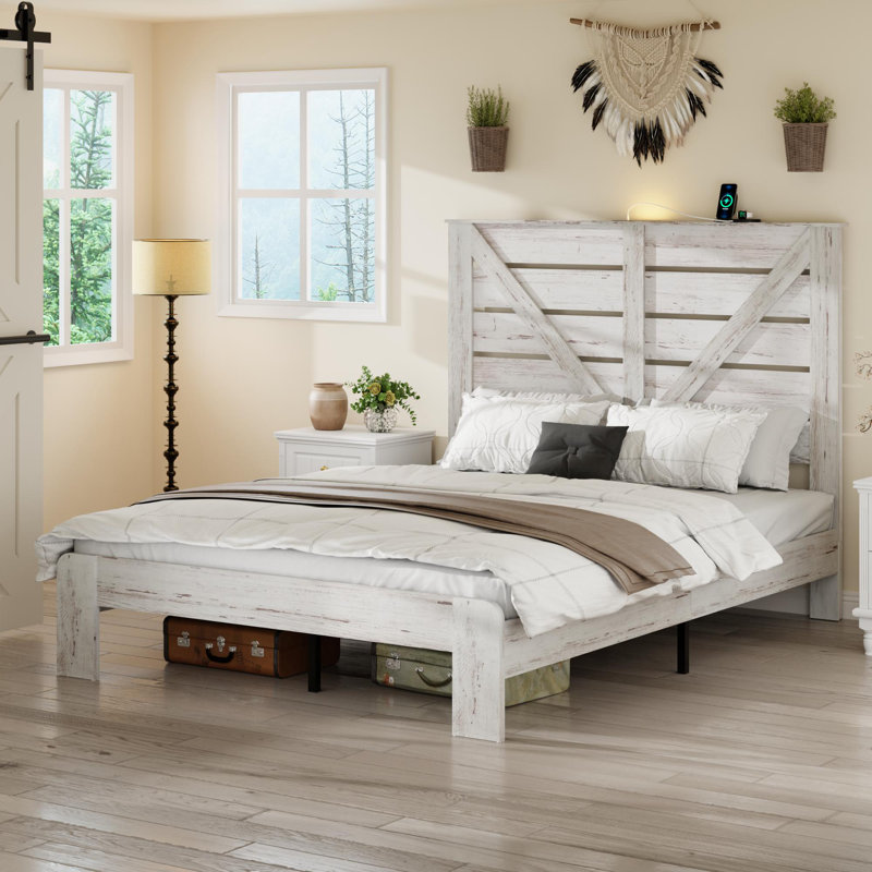 Structure de lit double en bois, Blanc, Lit double