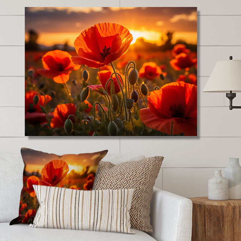 «Red Poppies Field With Sunset II», reproduction d'art sur toile coquelicots, H 12 po x l 20 po x P 1 po, Toile tendue