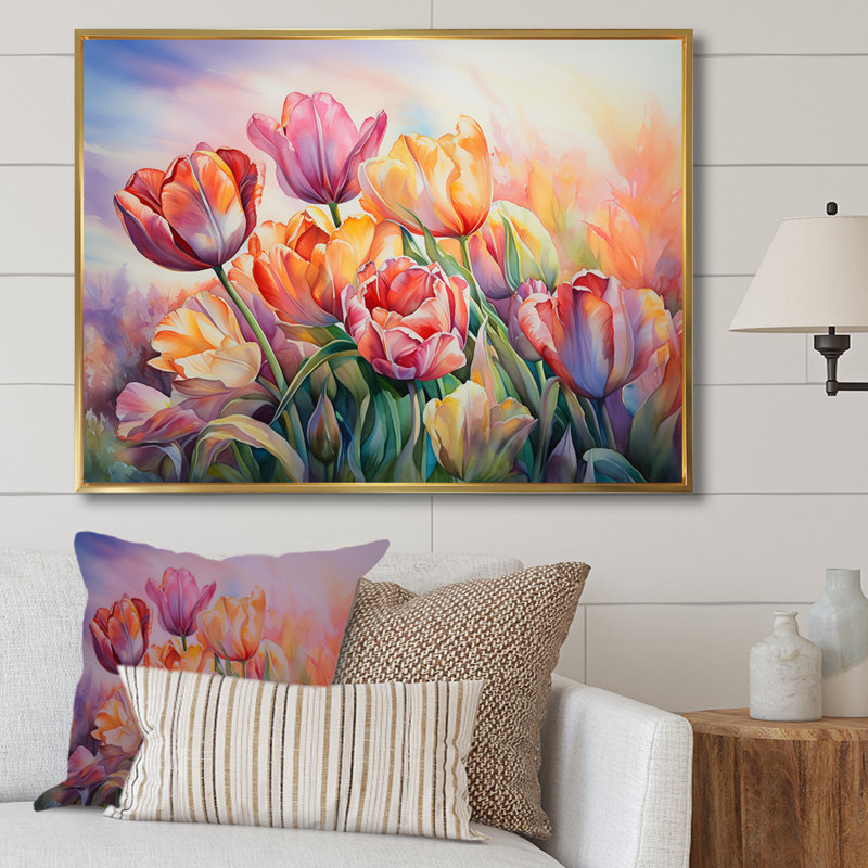 Tulipes au coucher du soleil II sur toile, H 30 po x l 40 po x P 1,5 po, Cadre flottant doré