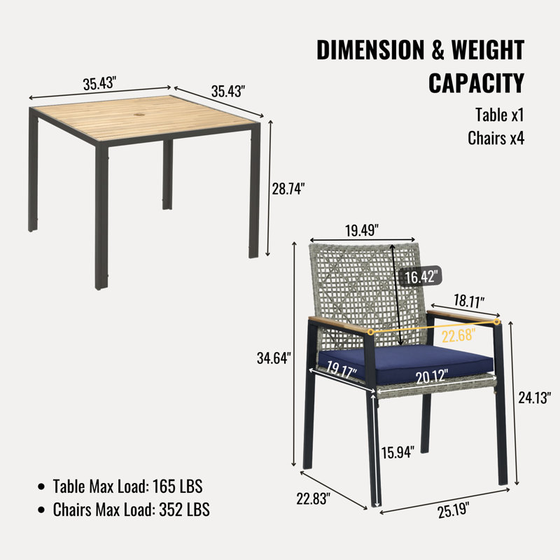 All Weather 5-Piece Patio Dining Table Sets, Light Gray, Navy
