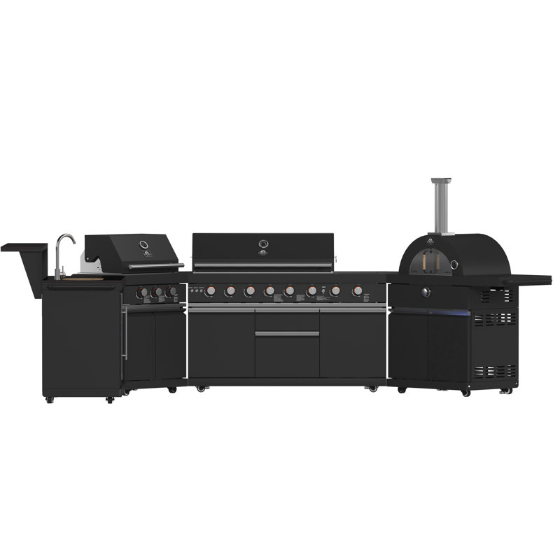 Comptoirs en pierre frittée noire Forno All'Aperto, barbecue de 99 600 BTU, évier, module de bar, four Plancha et pizza