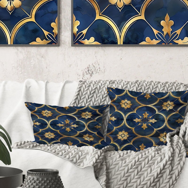 Blue Gold Traditional Mosaic Beauty - Traditional Throw Pillow, 16"H x 16"W