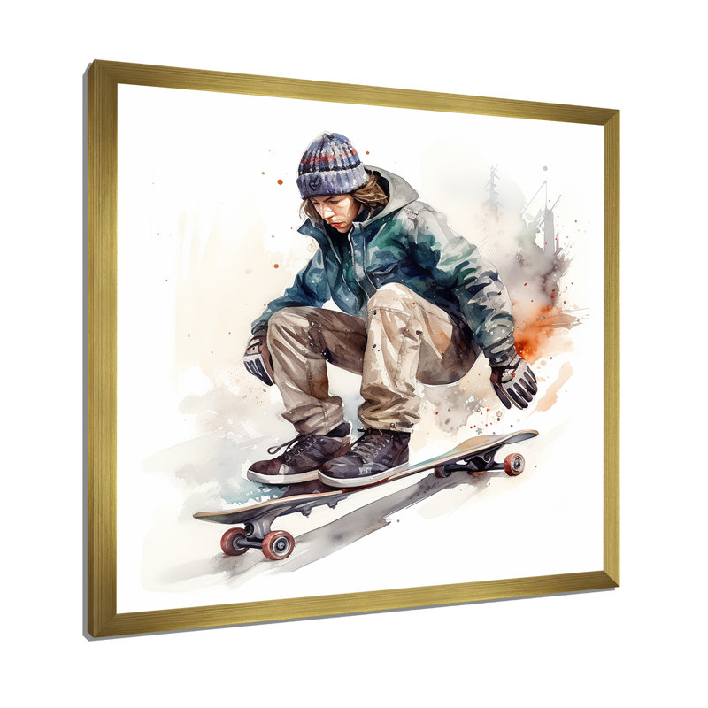 «Skateboarder Charm In Winter», reproduction sur toile, Cadre doré simple, H 36 po x l 36 po x P 1,5 po