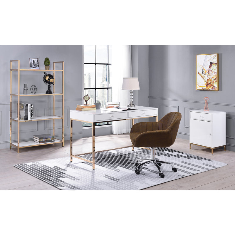 Bureau rectangulaire blanc ultrabrillant avec base dorée pour bureau et forme