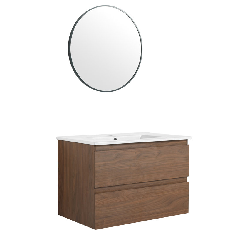 Meuble-lavabo 30 po avec lavabo en céramique - 2 tiroirs à fermeture en douceur, pièce murale, gracieux, Noyer
