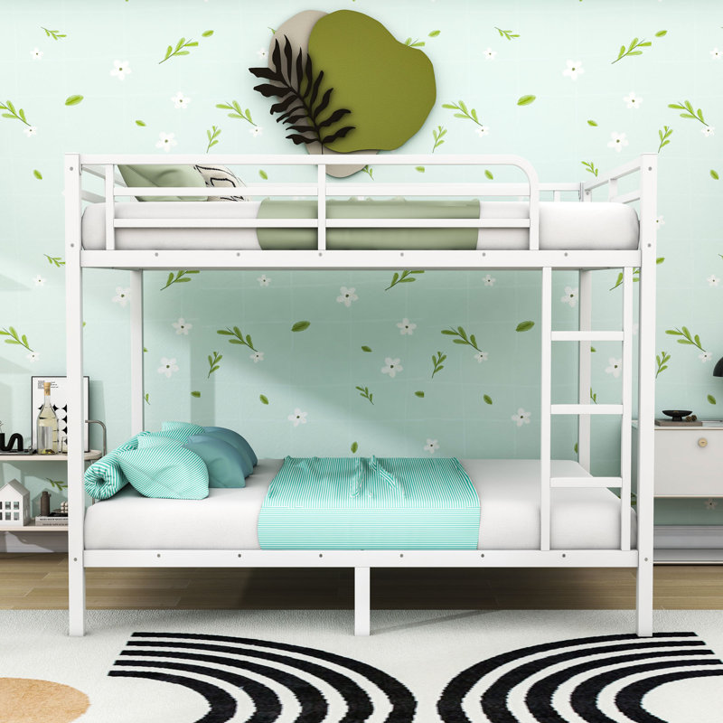Metal Bunk Bed With Guardrails And Ladder, Full, White