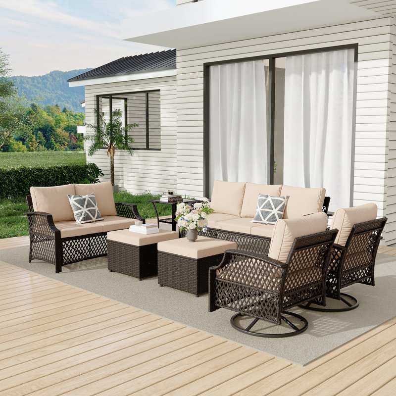Ensemble de mobilier de patio 7 pièces, ensemble de conversation en osier avec chaises pivotantes, 2 repose-pieds et table d'appoint en verre