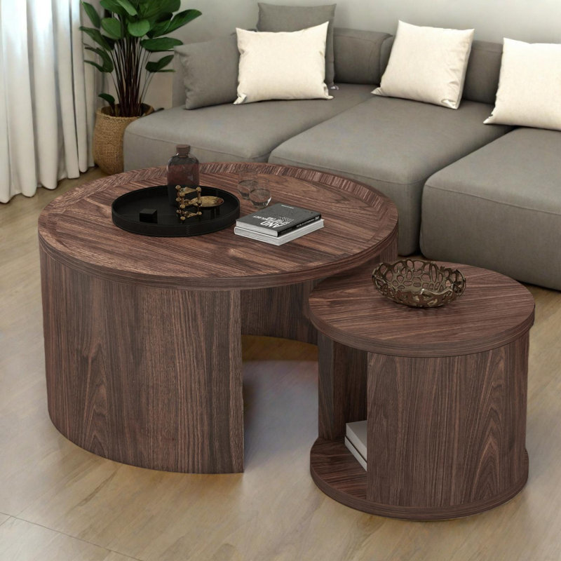 Ensemble de 2 tables basses rondes gigognes avec plateau en bois, tables basses modernes pour le salon, Noyer