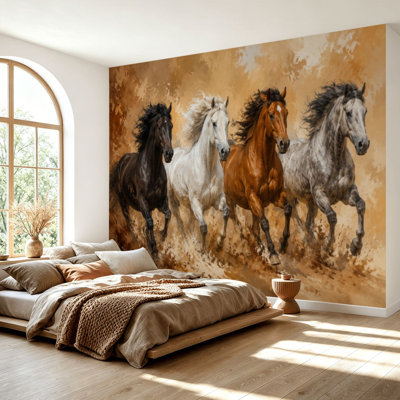 Wall Mural Peel and Stick Horse wildlife vintage free Dynamic Watercolor Earth Tones Gallop Large Wallpaper Self-Adhesive Removable Contact Paper Wall Decor for Living Room Bedroom Nursery 69"H x 96"W