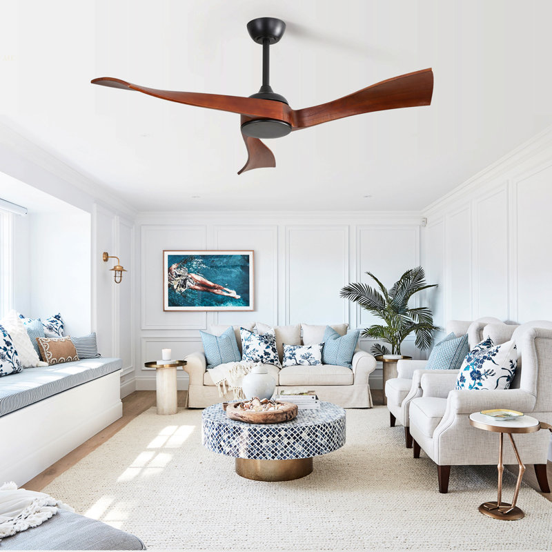 52 Inch Indoor Modern Ceiling Fan No Light 6 Speed Remote 3 Solid Wood Blade Reversible DC Motor For Living Room, Black