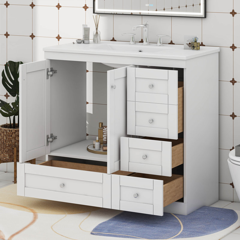 Meuble-lavabo 36 po avec lavabo en céramique, armoire de rangement avec tiroirs 36 po, Blanc