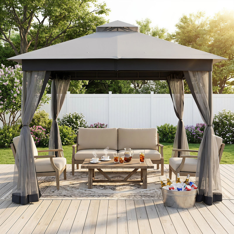 10 Ft. W X 10Ft. D Steel Patio Gazebo With Netting (Quick  Setup), Gray